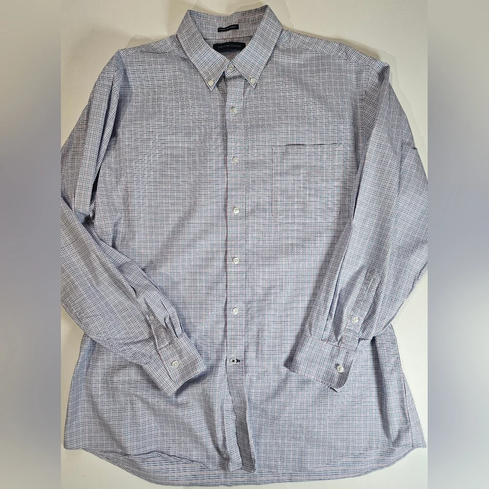 Tommy Hilfiger Dress Shirt Mens XL Pink Blue Regular‎ Fit Stretch Office Career